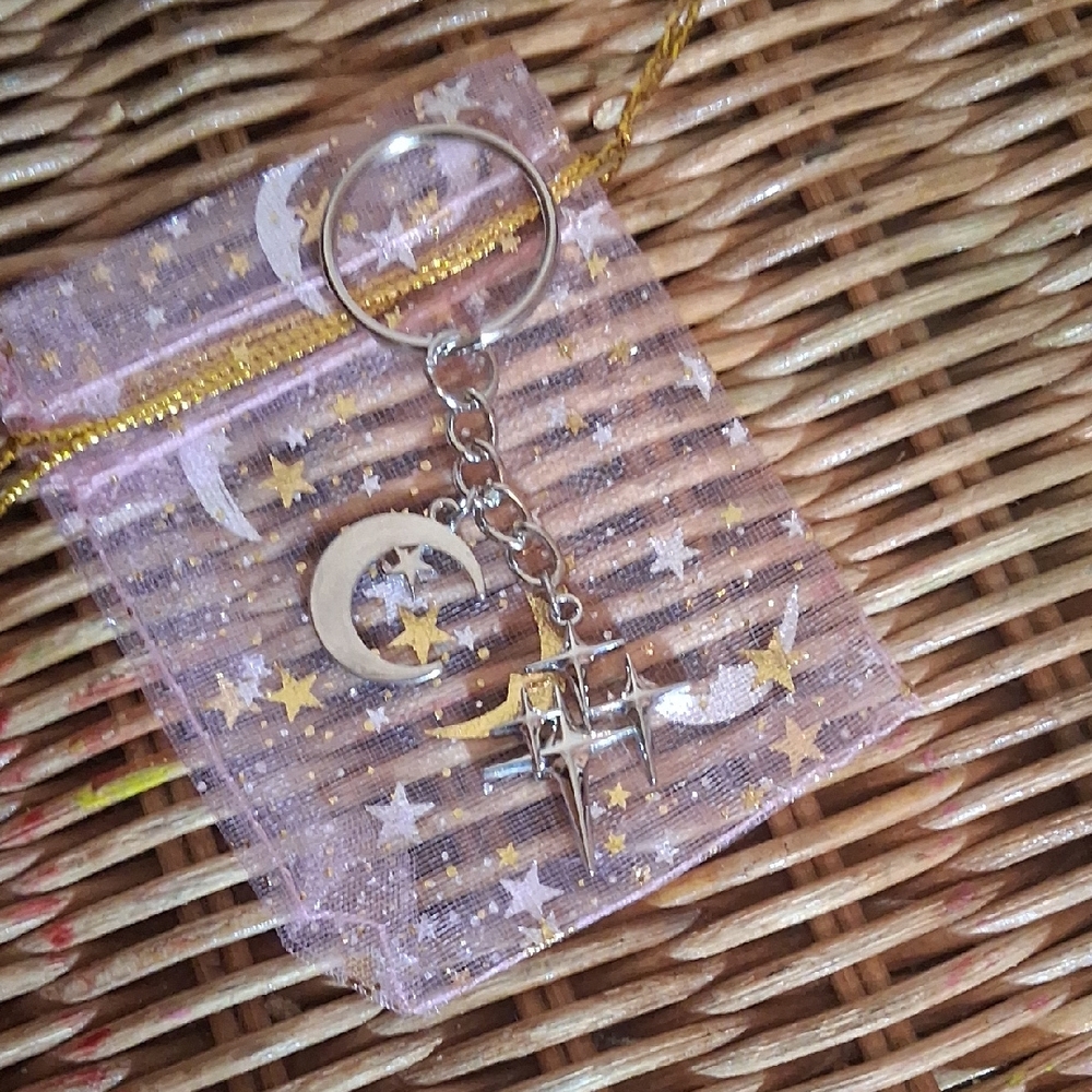 Silver Moon and Star Keychain W/dustbag & Giftbox